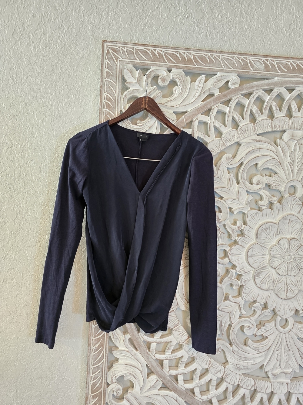 Theory Dariya Navy Silk Blend Surplice Blouse Quiet Luxury Minimalist